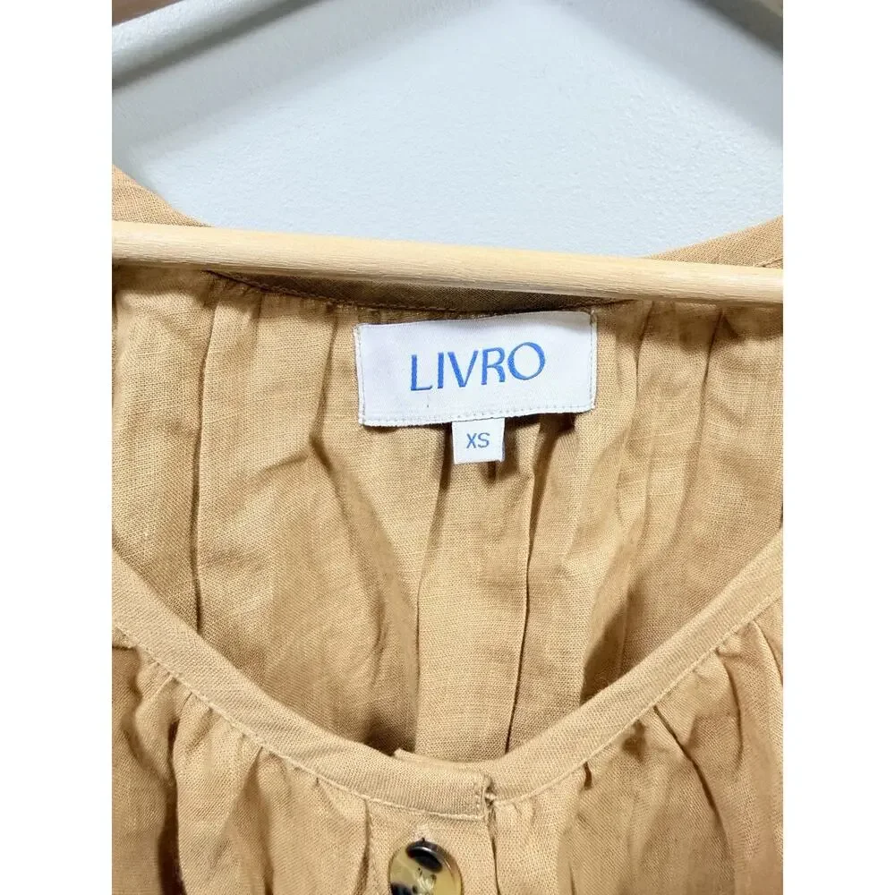 LIVRO Camel 100% Linen Round Neck Button Front Puff Sleeve Shift Dress size XS